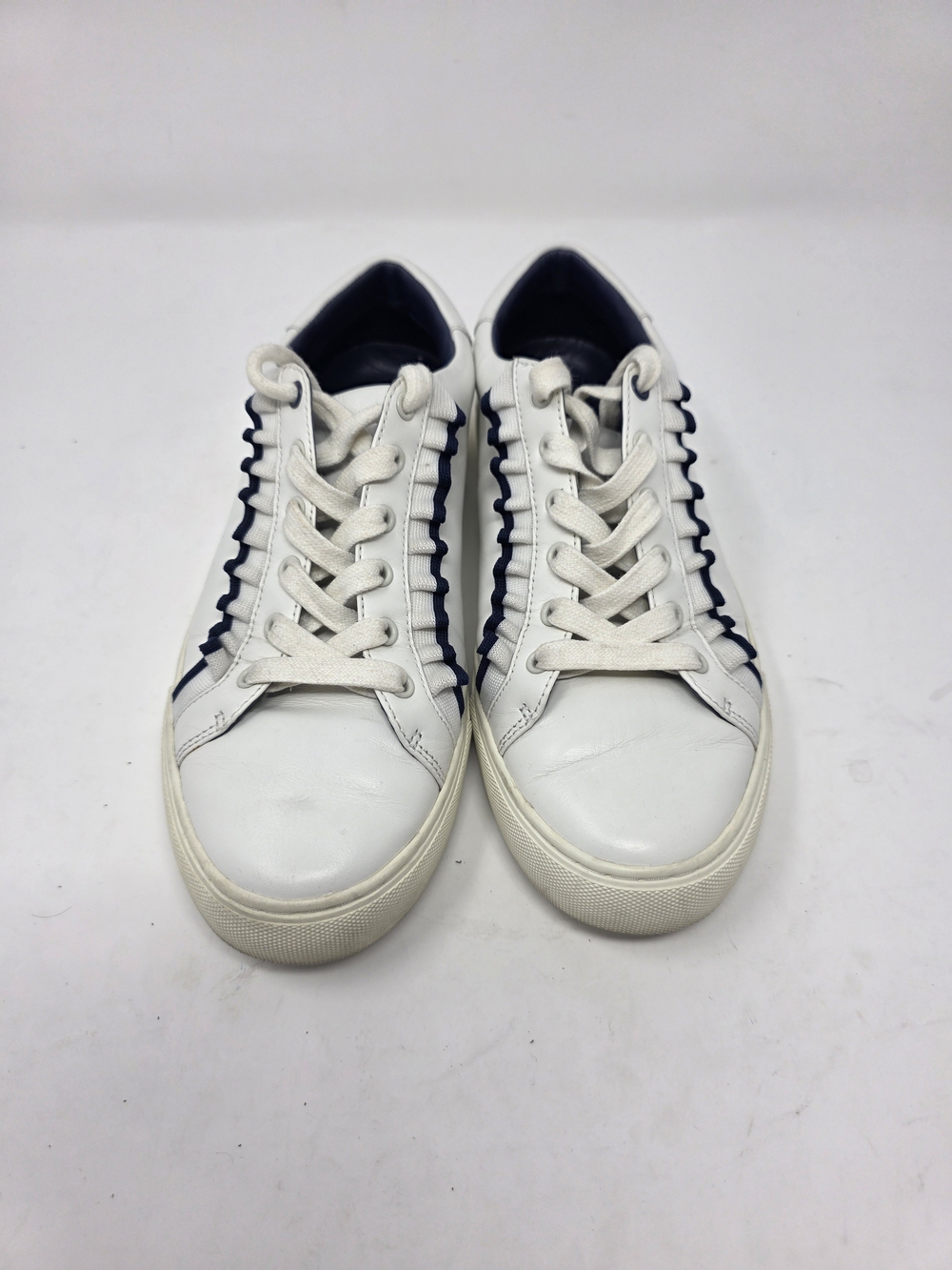 Tory Sport White Leather Sneakers Women’s Navy Ruffle Trim Casual Shoes